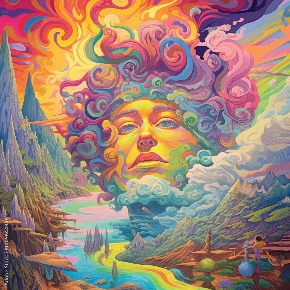 A vibrant, surreal landscape with a colorful face emerging from clouds. A vibrant, surreal landscape with a colorful face emerging from clouds.