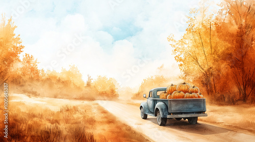 Watercolor painting of a truck carrying pumpkins 