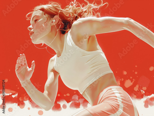 Dynamic Female Athlete Sprinting Against Vibrant Red Background,. Digital Art.