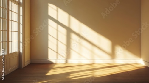 A sunlit empty room with shadows creating patterns on the wall and floor.