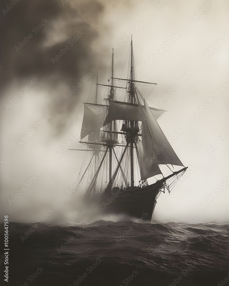 Fototapeta premium Ghostly galleon drifting through the mist unseen forces manipulating the fabric of reality Disembodied voices echoing across the open sea a sense of primordial dread enveloping the scene