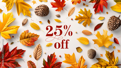 Autumn Sale 25% Off with Colorful Fall Leaves white background