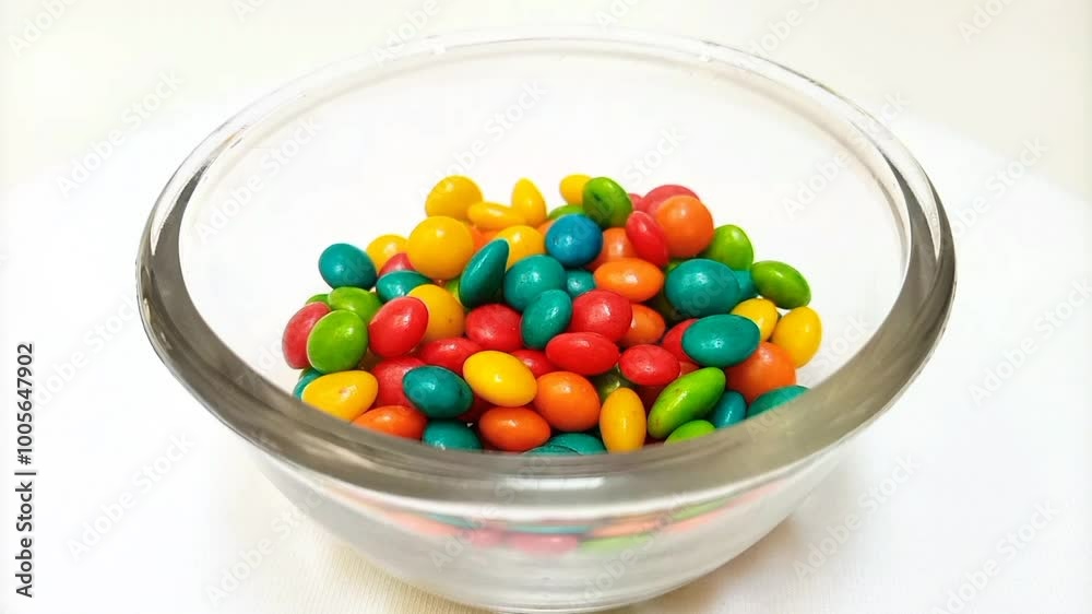 Multicolored sweet chocolate candies in a glass bowl rotating on white background. colorful confectionery treats for birthdays Multicolored sweet chocolate candies in a glass bowl rotating on white background. colorful confectionery treats for birthdays