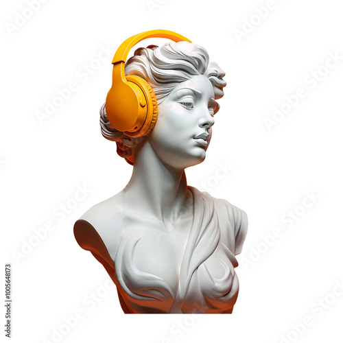 Antique bust of woman made of white marble with modern headphones on her head isolated on PNG background. Generative AI.