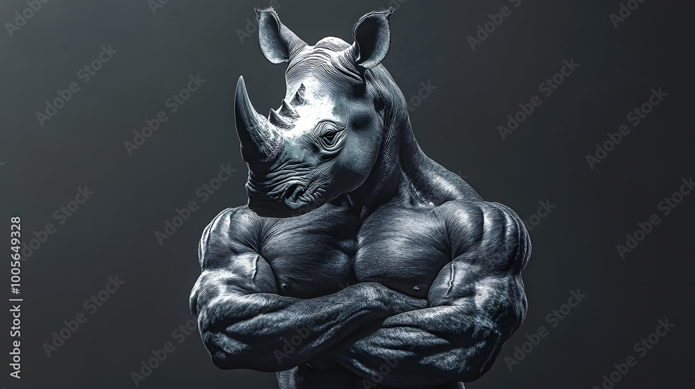 A rhinoceros head on a muscle human body in a bodybuilder s pose, flexing muscles, on a dark grey solid background