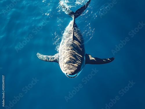 A majestic shark swimming gracefully in deep blue waters, showcasing its powerful physique and natural beauty. photo