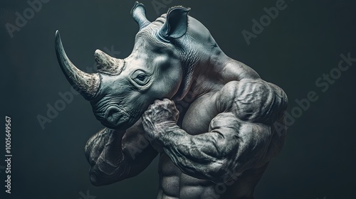 A unique figure combining human strength with rhinoceros features, showcasing an impressive muscular physique and animalistic traits.
