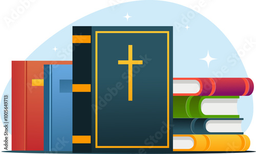 bible is on a shelf surrounded by books.