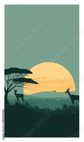 Vector Illustration of an African Safari Reserve at Sunset with Wildlife and Trees