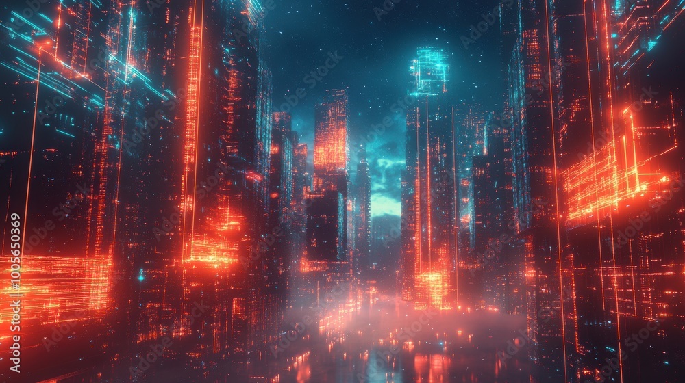 Naklejka premium Futuristic Cityscape with Red and Blue Neon Lights