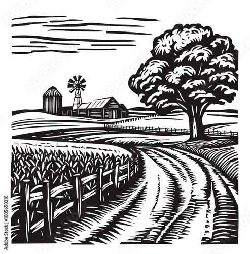 Black and White Linocut Landscape: Countryside Fields in Artistic Style