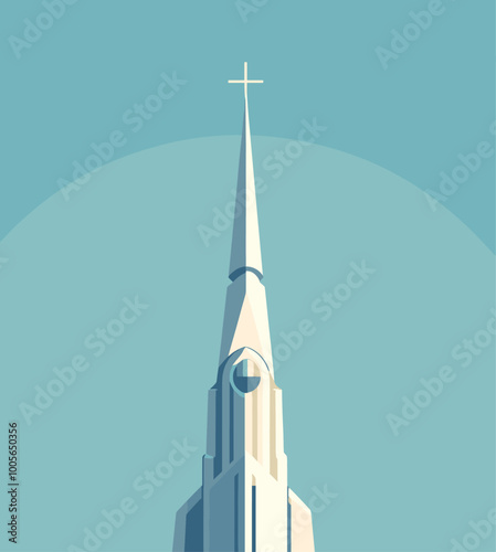 Minimalist Vector Illustration of a Church Bell Tower on a Blue Background
