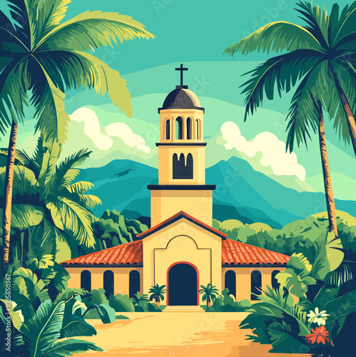 Tropical Island Chapel - Colorful Summer Poster Illustration