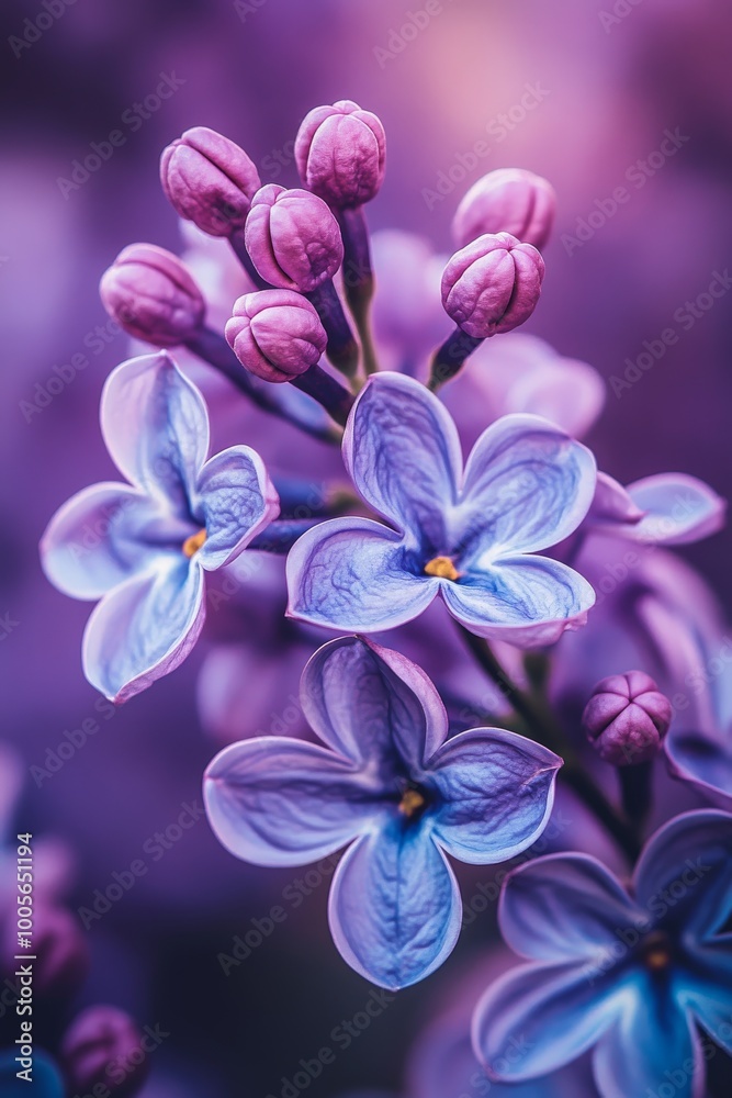 Vibrant lilac blossoms showcase their intricate petals and buds, illuminated by gentle purple light, creating a tranquil atmosphere in full bloom Vibrant lilac blossoms showcase their intricate petals and buds, illuminated by gentle purple light, creating a tranquil atmosphere in full bloom