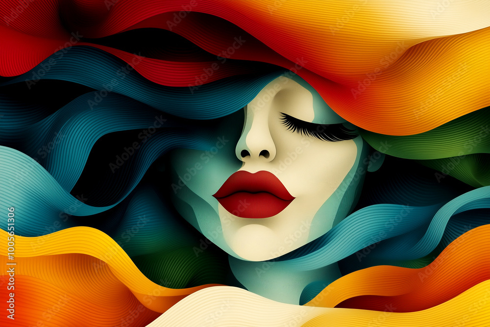 A colorful woman with a red lip and a long, flowing hair. The hair is in a rainbow of colors, and the woman's face is the main focus of the image. Scene is vibrant and lively A colorful woman with a red lip and a long, flowing hair. The hair is in a rainbow of colors, and the woman's face is the main focus of the image. Scene is vibrant and lively