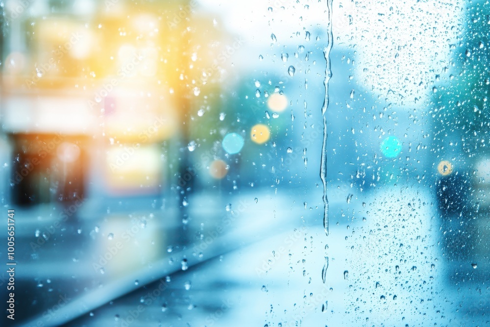 Obraz premium Blurry view through a rain-soaked window, urban scene with colorful lights.