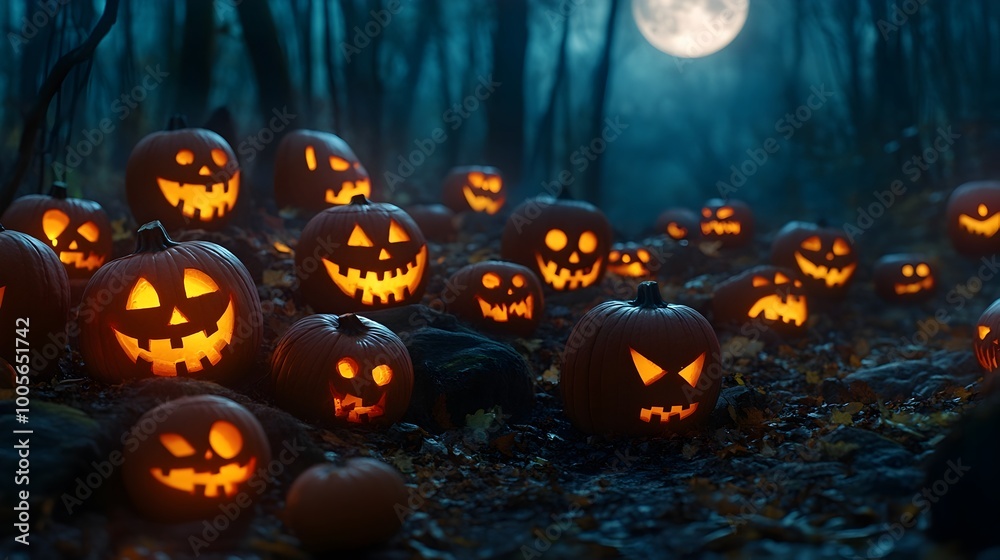 Naklejka premium Spooky display of carved jack o lanterns with eerie glowing faces arranged in a dark forest clearing and backlit by a full moon casting long shadows creating an unsettling Halloween scene