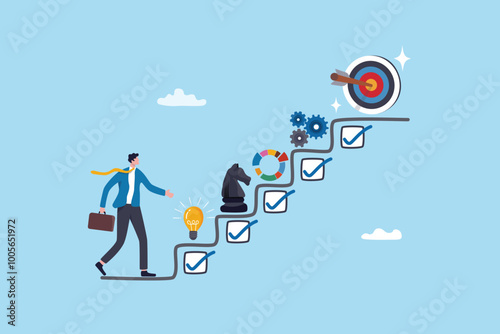 Strategy development, business improvement planning, success checklist or aspiration to growing business, career growth, checklist to success management concept, businessman walk up strategy stair.