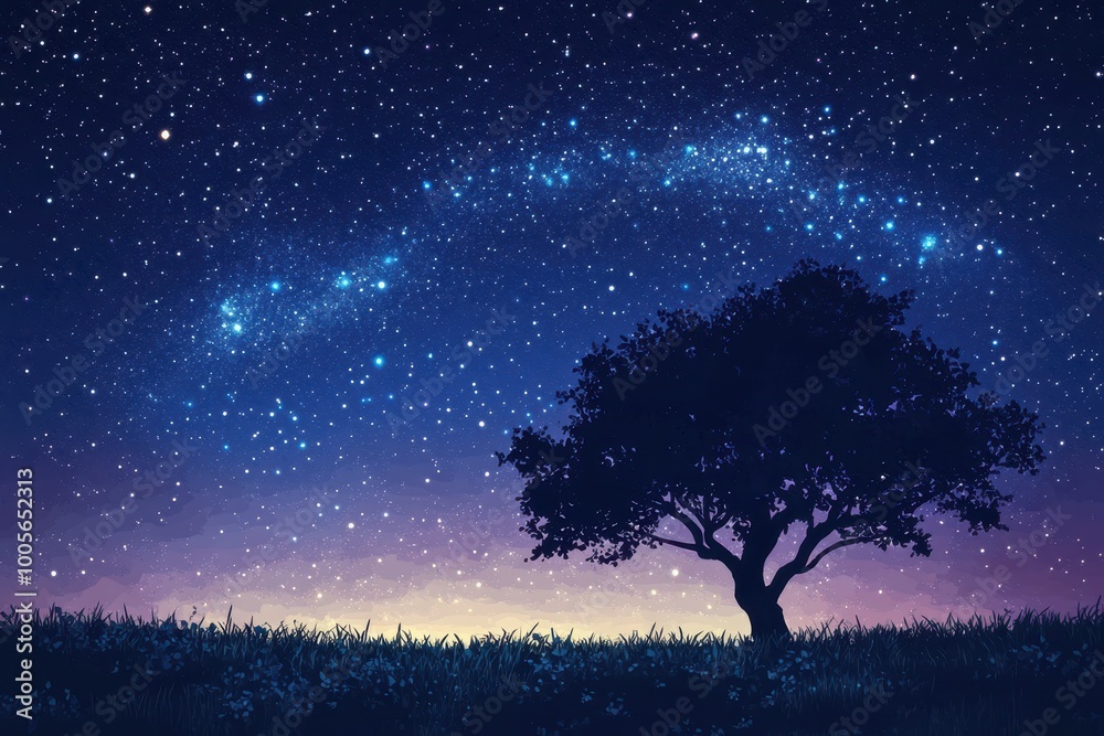 Silhouetted Tree Under a Starry Night Sky Silhouetted Tree Under a Starry Night Sky