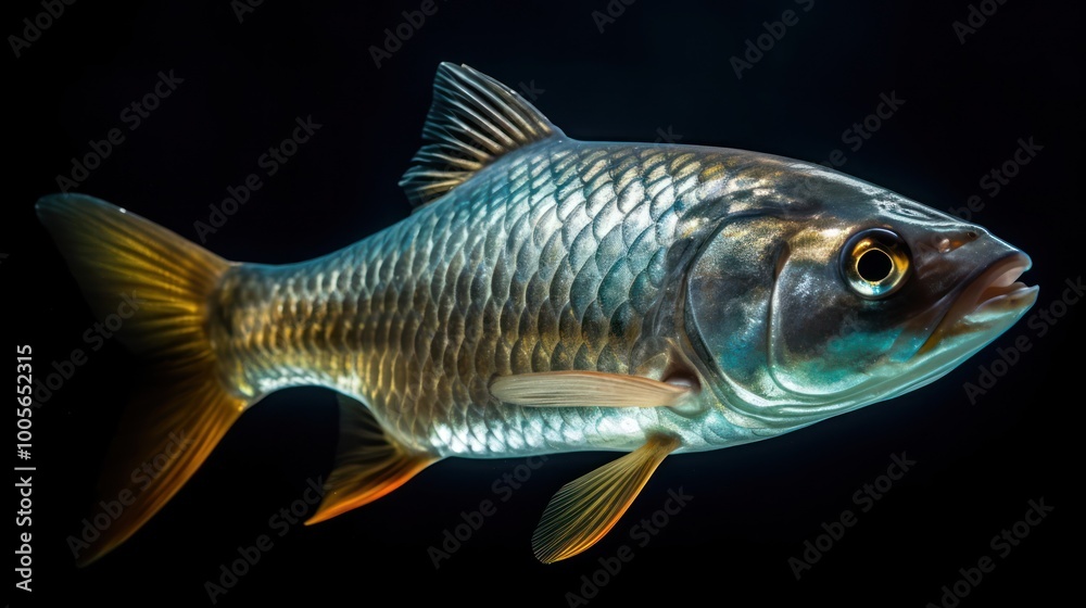 A single, silver and gold fish with a black background, isolated A single, silver and gold fish with a black background, isolated