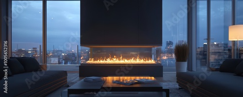 A modern living room features a sleek double-sided fireplace, large windows showcasing a city view, and cozy furnishings, creating a warm atmosphere.