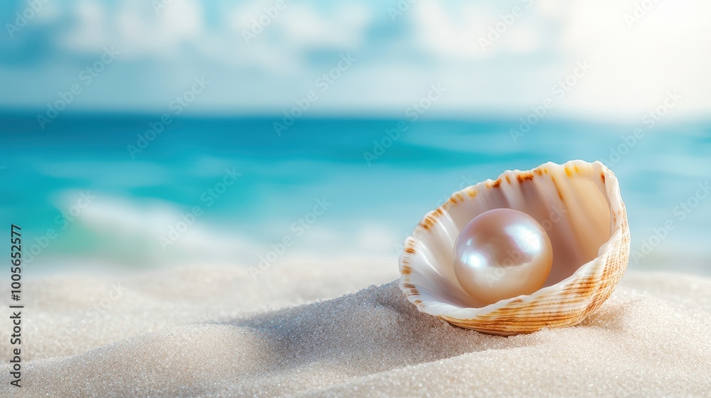 A close-up of a beautiful seashell with a pearl, resting on sandy beach, with a blurred ocean background. A close-up of a beautiful seashell with a pearl, resting on sandy beach, with a blurred ocean background.