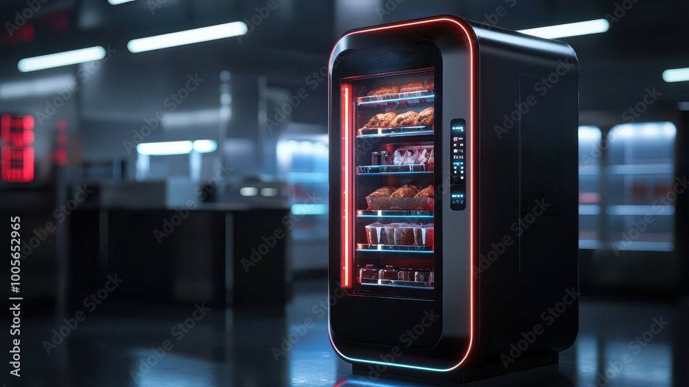 A sleek, modern vending machine illuminated with red lights, displaying a variety of snacks in a contemporary, high-tech environment. A sleek, modern vending machine illuminated with red lights, displaying a variety of snacks in a contemporary, high-tech environment.