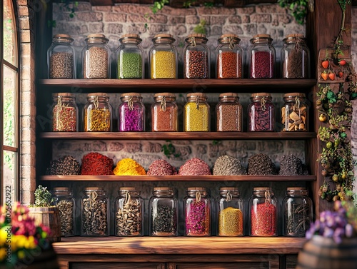 Vibrant Spice Showcase: A Traditional Spice Shop Poster Perfect for Adding Color and Warmth to Your Kitchen or Dining Area!