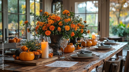 A beautifully arranged dining table with autumn decorations for a festive gathering.