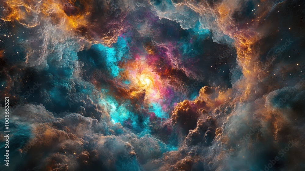 Cosmic Nebula with a Swirling Core and Starry Background Cosmic Nebula with a Swirling Core and Starry Background