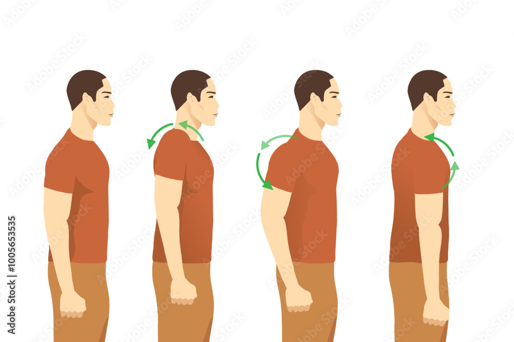 Man doing rotation shoulder exercise backward in 4 steps. Illustration about exercise for reduce and prevent office syndrome and neck pain.
Man doing rotation shoulder exercise backward in 4 steps. Illustration about exercise for reduce and prevent office syndrome and neck pain.