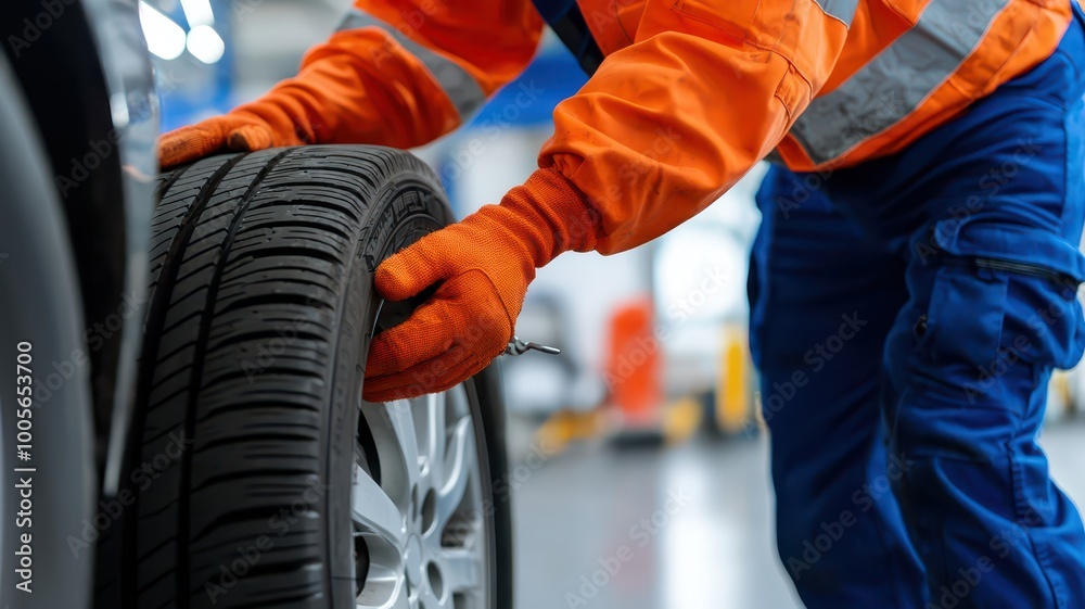 A worker in bright orange attire is changing a tire on a vehicle, demonstrating maintenance in an automotive service environment. A worker in bright orange attire is changing a tire on a vehicle, demonstrating maintenance in an automotive service environment.
