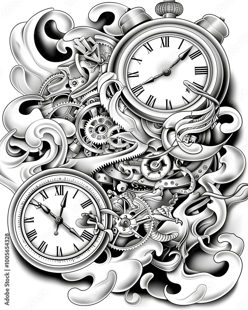 A black and white drawing of two clocks with roman numerals. The clocks ...