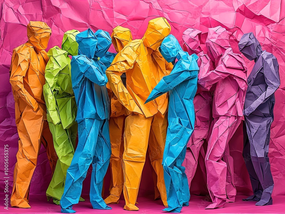 Fototapeta premium Vibrant Crumpled Paper Figures: A Colorful Abstract Gathering Perfect for Sports Interior Posters or Creative Wall Art