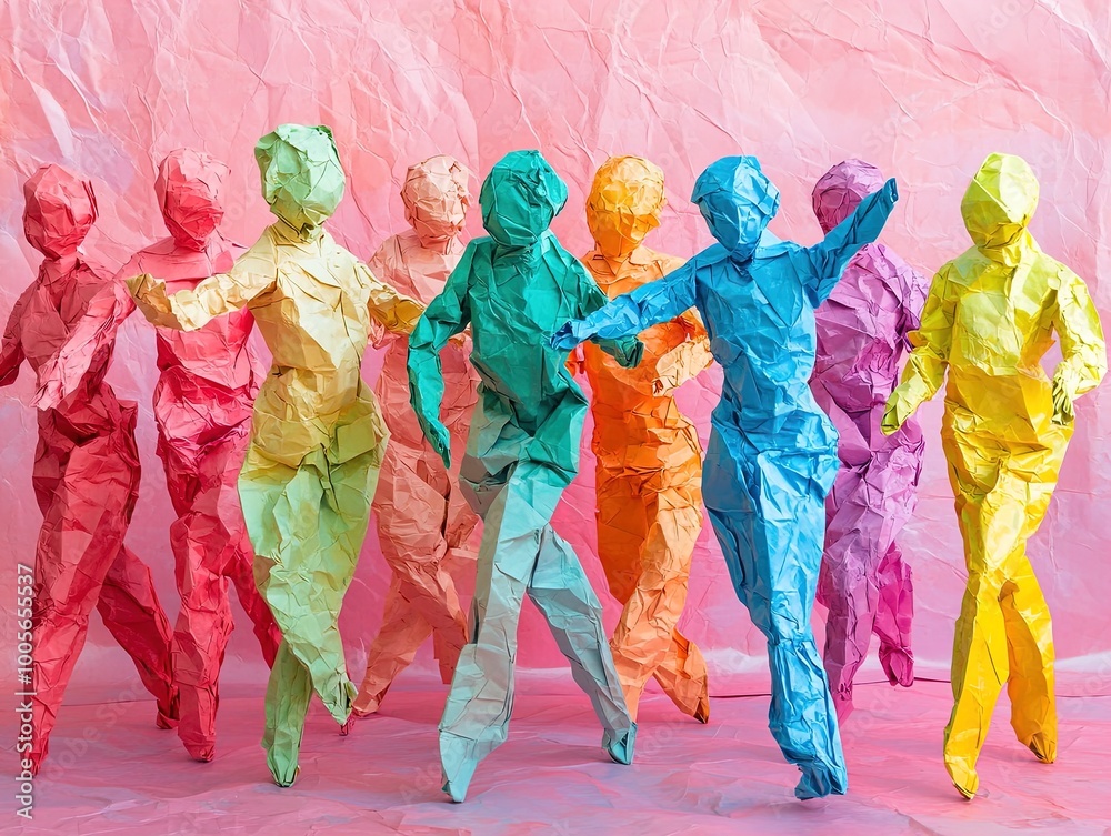 Vibrant Crumpled Paper Figures: A Colorful Abstract Gathering Perfect for Sports Interior Posters or Creative Wall Art Vibrant Crumpled Paper Figures: A Colorful Abstract Gathering Perfect for Sports Interior Posters or Creative Wall Art