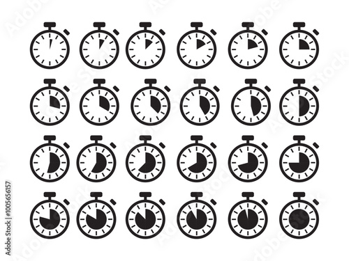 Complete Timers Icon Set: Countdown Timer Symbols for Every Minute, Stopwatch Designs and Minute Markers. Vector Collection