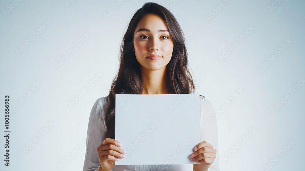 Professional Woman Holding Blank Sign in Studio Setting Professional Woman Holding Blank Sign in Studio Setting
