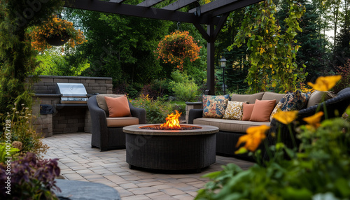 Editorial photo of a luxury outdoor patio with cushioned seating, a fire pit, and a pergola with hanging plants