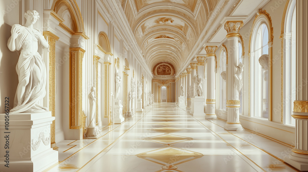Fototapeta premium A luxurious palace hallway lined with white columns
