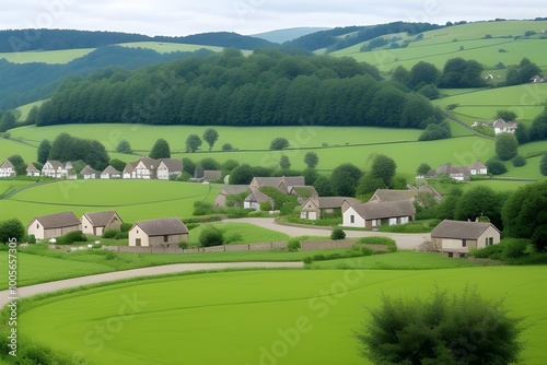 Scenic Countryside Village Landscape Generative AI illustration