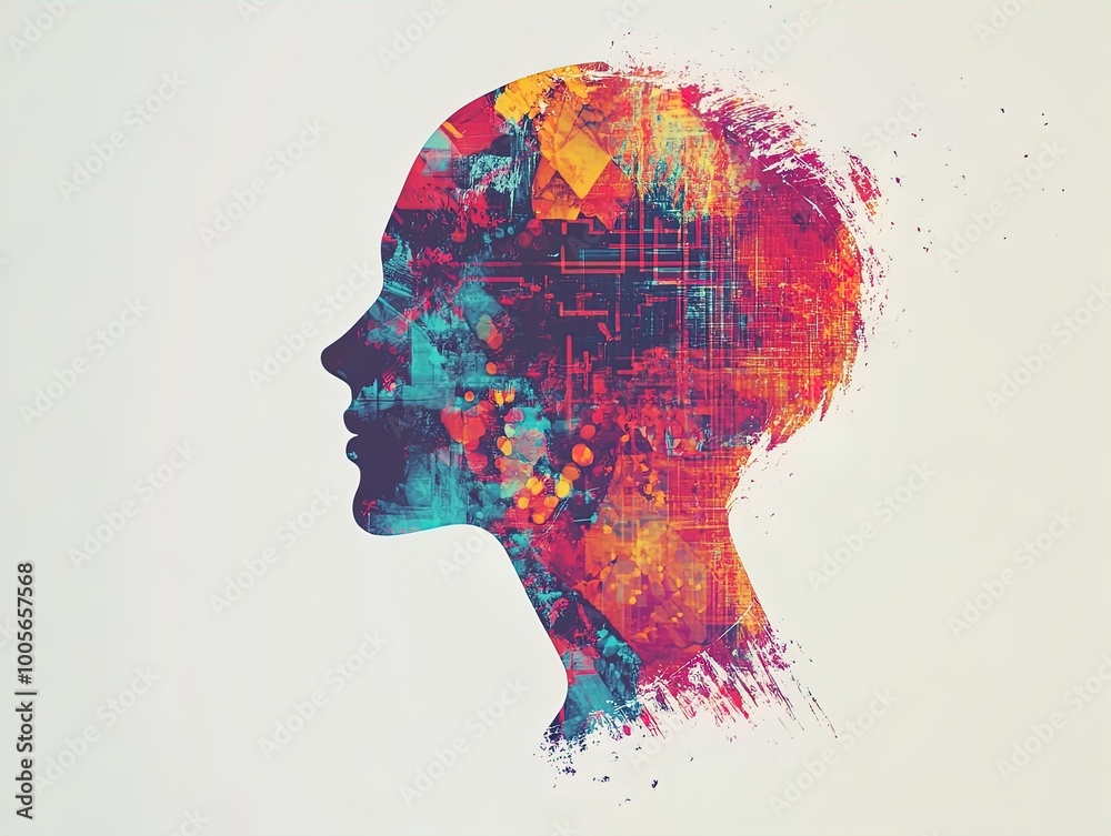 Vibrant Abstract Head Silhouette Poster: A Colorful Explosion of Creativity for Sporty Interiors, Featuring Bright Reds, Blues, and Yellows with Geometric Patterns on a White Background Vibrant Abstract Head Silhouette Poster: A Colorful Explosion of Creativity for Sporty Interiors, Featuring Bright Reds, Blues, and Yellows with Geometric Patterns on a White Background