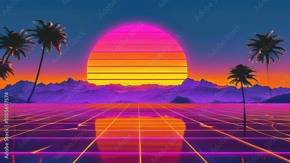Naklejka premium Retro 80s Synthwave Sunset