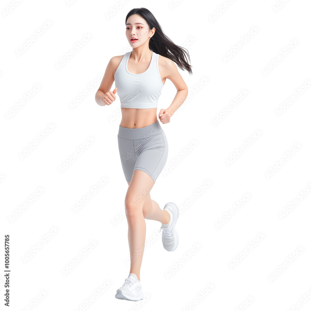 Dynamic Asian Woman in Fitness Wear Striking Running Pose on White Background Dynamic Asian Woman in Fitness Wear Striking Running Pose on White Background