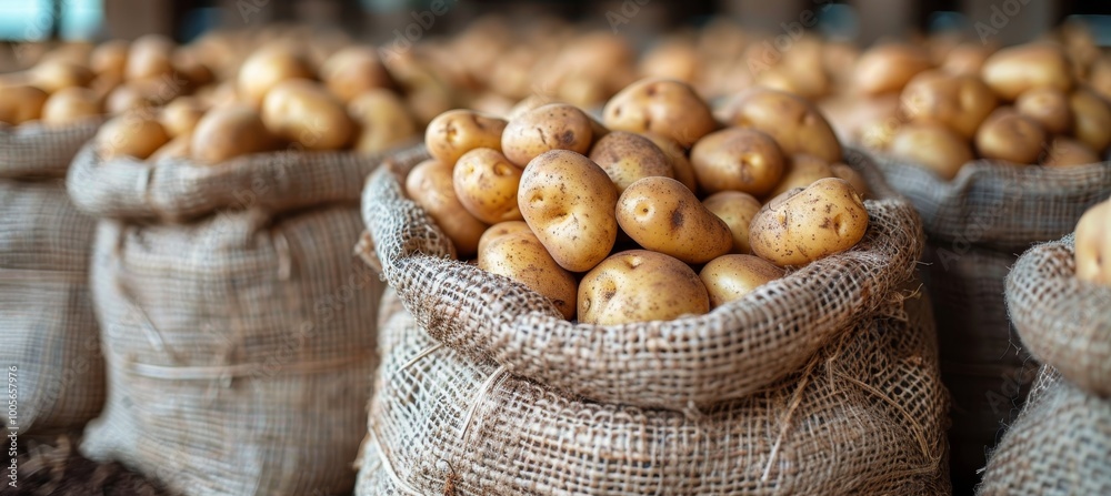 A sack of fresh potatoes lying down on a clean white background, isolated for clarity and focus A sack of fresh potatoes lying down on a clean white background, isolated for clarity and focus