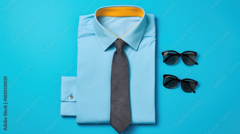Blue Shirt, Grey Tie and Sunglasses on Blue Background Blue Shirt, Grey Tie and Sunglasses on Blue Background