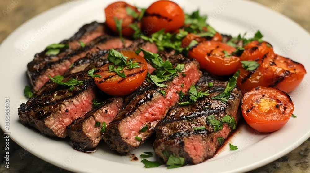 Grilled Steak with Tomatoes and Fresh Herbs.generative ai Grilled Steak with Tomatoes and Fresh Herbs.generative ai