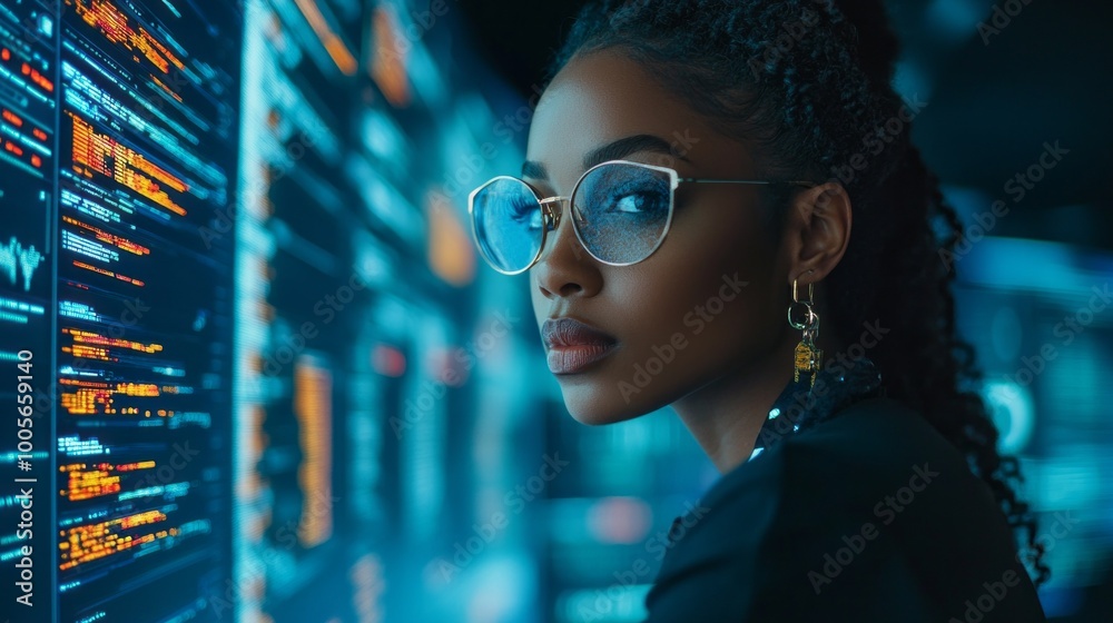 A woman wearing glasses is looking at a computer screen with a lot of numbers A woman wearing glasses is looking at a computer screen with a lot of numbers
