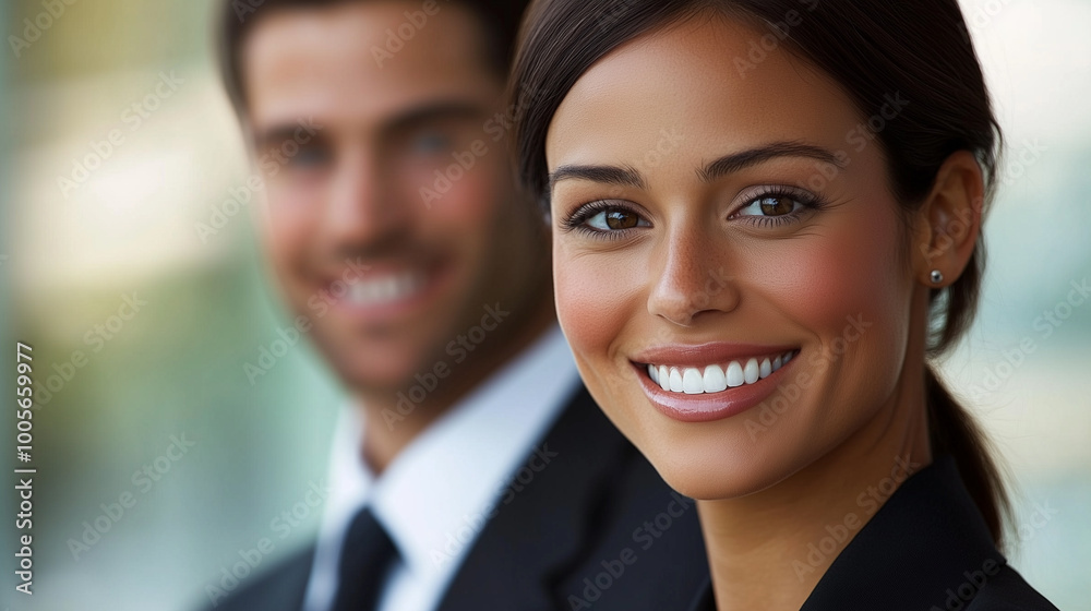Confident young professionals smiling in a modern office environment, showcasing teamwork, success, and positivity. Confident young professionals smiling in a modern office environment, showcasing teamwork, success, and positivity.