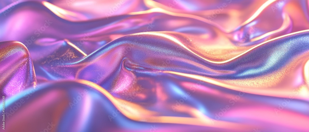 Obraz premium The colorful satin fabric flows in gentle waves, reflecting a blend of purple, pink, and orange tones. Soft lighting enhances its shimmering texture, creating an inviting appearance