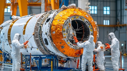 Engineers in specialized protective suits carefully attaching heat resistant tiles to the exterior body of a rocket